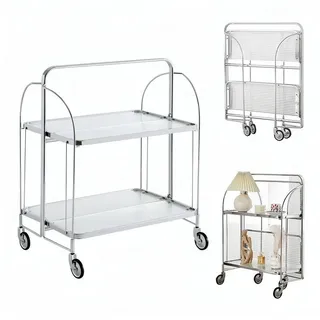 PFCTART Beistellwagen Mobile Storage Folding Trolley, Servierwagen, zusammenklappbar, (Set, 68×40×80 cm – Regal mit Rollen, klappbarer Beistellwagen für Bar/Küche), Dinett Ablagekorb 2 Tier Clear gehärtetes Glas with Wheels silberfarben