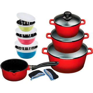 KING Topf-Set ALUGUSS, Aluminiumguss (Set, 15-tlg., je 1 Kochtopf 16/20/24 cm, 1 Stieltopf 16 cm, Schüsselset, Grips), Keramikantihaftbeschichtung, Induktion bunt|rot