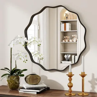 BEAUTYPEAK Runder Spiegel 50 cm, Schwarz Wandspiegel mit Gewellter Kante