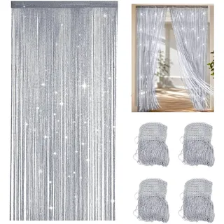 Jinfanshurich 4 Stück Fadenvorhang 100×200 cm – Glitzer Türvorhang & Fensterdekoration, Perlenvorhang als Raumteiler für Hochzeit, Party & Wohnraum (Silbergrau)