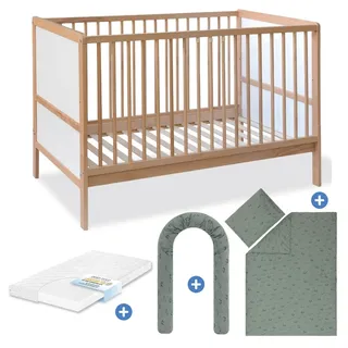 Pinolino Babybett-Komplett-Set Carla Buche teilmassiv lackiert  3-fach höhenverstellbar, 3 Schlupfsprossen inkl. Bettwäsche, Bettschlange & Matratze 70 x 140 cm - Wal - Natur