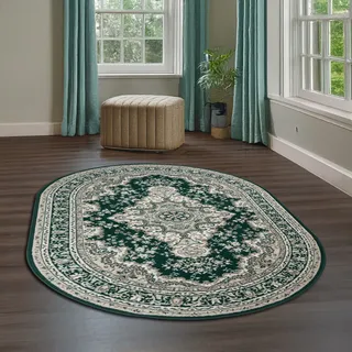 OTTO home Teppich OTTO HOME "Oriental, Made in Belgium", grün (dunkelgrün), B:160cm H:7mm L:230cm, Jute, Kunstfaser, Teppiche, Teppich, Orient-Optik, mit Bordüre, Kurzflor, pflegeleicht, elegant
