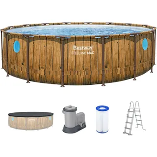 BESTWAY Steel Pro Max Frame Pool Set 488 x 122 cm holzoptik inkl. Filterpumpe + Poolleiter
