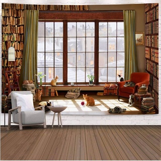 Mesnt Wandbehang Natur Bild Fensterblick, Wandteppich mit Bücherregal- und Fenstermuster Weichen Stoff Wohnzimmer Schlafzimmer Teppich Picknickdecke Wanddeko Dunkelbraun, 200x150cm