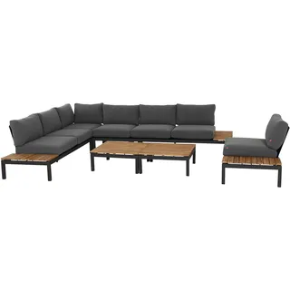 Gartenlounge-Set SIENA GARDEN "Alvida", grau (matt anthrazit, teak), B:172cm H:70cm T:80cm, Aluminium, Polyester, Massivholz, Sitzmöbel-Sets, best. aus 2 Sofas, 1 Ecksofa, 1 Tisch und 12 Kissen