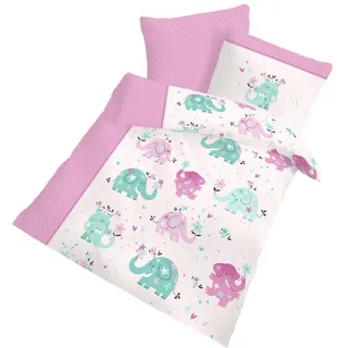 DOBNIG Babybettwäsche Biber Kinderbettgarnitur rosa Elefanten-Motiv 2-tlg. 100x135 cm, Biber, 2 teilig, Weiche Baumwolle in Biber-Qualität, kuschelig warm und pflegeleicht rosa