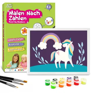 Zimrobin Malen Nach Zahlen für Kinder –13×18cm Malen Nach Zahlen Kinder ab 5 6 7 Jahre Mädchen und Junge,Kreatives Geschenk mit Rahmen 3 Pinsel und Acrylfarben (Nettes Einhorn)
