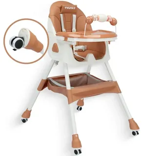 TWINKY Kinderstuhl 3 in 1 Baby Hochstuhl, Kinderstuhl Kinderklappstuhl, Kinder-Esstuhl​ (Packung), Spielset mit Ledersitzkissen und Rädern braun