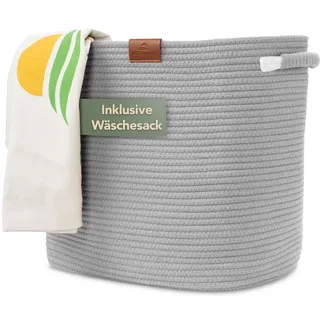 wiesen.design Korb MATTEO 42x32xH38 cm Grau/48L, Wäschekorb geflochten aus Baumwolle, Wäschesammler, Aufbewahrungskorb groß, Korb geflochten, faltbarer Wäschekorb, Wäschetonne, laundry basket