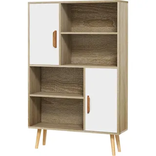 HOMCOM Skandinavisches Bücherregal 4 Nischen + 2 Schranktüren mit verstellbarem Regalboden 80L x 24B x 123H cm Schlanke, geneigte Füße aus massivem Kiefernholz Eiche   Aosom