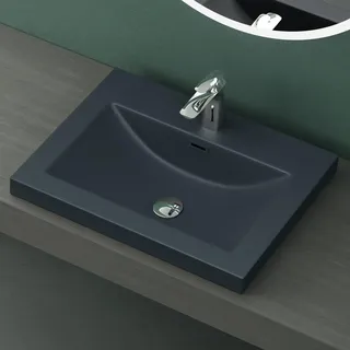 Mai & Mai Waschbecken Einbauwaschbecken Waschschale Waschtisch Mineralguss Matt Anthrazit Rechteckig 1 Armaturenloch Überlauf-Funktion Breite: 60cm Col01