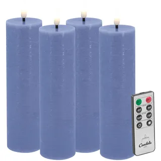 Candela LED Kerzen 4er Set H:17,5xØ5cm blau rustic Echtwachs mit Fernbedienung Timer Funktion & mehrstufig dimmbar flammenlos Echtwachskerzen Stumpenkerze