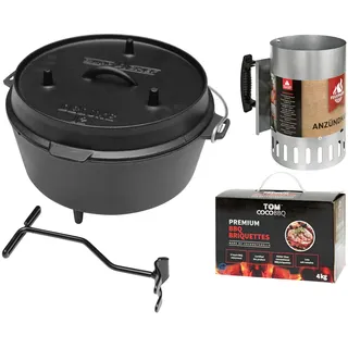 Camp Chef Deluxe Dutch Oven DO-12, Set mit Tom Coco Grill-Briketts und Feuergott