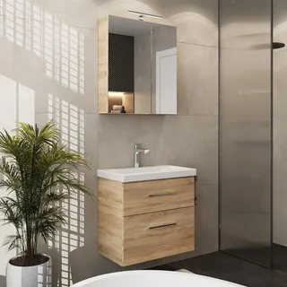 Planetmöbel Badmöbel Set Waschtisch mit Unterschrank 63 x 60 x 36,5 cm, Spiegelschrank 60 cm mit LED-Leuchte (schwarz matt) & Steckdose, Moderne Badezimmer Möbel, Sonoma Eiche