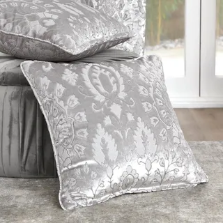 Curtina - Silbernes Damastkissen (43 x 43 cm) - Silbernes Samtkissen - Luxuskissen für Schlafzimmer & Wohnzimmer - Silbernes Blumenkissen - Kisseneinsätze mit Bezügen im Lieferumfang enthalten