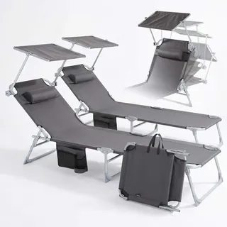 Arebos 2er set Sonnenliege klappbar mit Sonnendach, 4-fach verstellbar, Garten- & Strandliege mit Kopfkissen, Seitentasche, bis 120 kg, Anthrazit - Grau