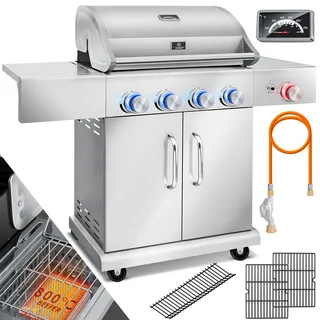 KESSER® Gasgrill mit 4 Brenner + 1x Infrarot Keramik Seitenbrenner & Piezo-Zündung | bis 800°C BBQ Grillwagen aus Edelstahl inkl. Grillrost (66cm) aus Gusseisen, Grillthermometer & Gas-Schlauch