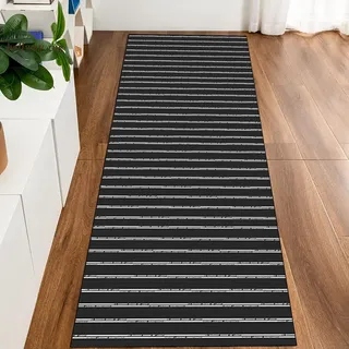 Siunwdiy Teppich Läufer,Küchenteppich Waschbar rutschfest Schwarz Weiß Gestreift Modern Küchenläufer Eingangsteppich Flur Teppich Läufer Meterware,Schwarz,100x400cm