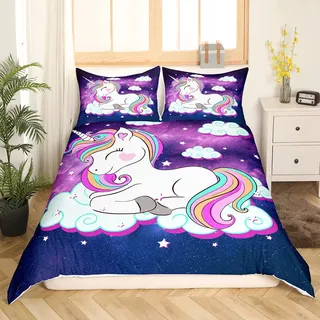 Loussiesd Kinder Einhorn Bettwäsche 135x200 cm Galaxy Magical Tierdekor Bettwäsche-Set für Mädchen Jungen Teens Regenbogen-Verträumtes Pferd Bettbezug Lila Blau Bettwäsche 2 Stück Reißverschluss