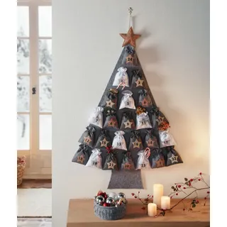 Adventskalender XL Glitzer Sterne Deko Advent Tanne Filz 24 Stoffbeutel H.115 cm