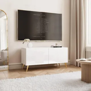 IDOHOME TV Lowboard stehend mit LED und 2 Fächern 100 cm Weiß Hochglanz | 100 x 40 x 36 cm, Laminierte Platte, Mehr Stauraum, Push to Open, TV Zubehör, LED Beleuchtung