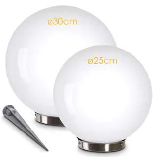 Solarleuchte Nassau, Kugellampe 2er Set, Kugelleuchten aus weißem Kunststoff, Ø 25 und 30 cm mit Erdspiess, Außenleuchten mit Ein/Aus-Schalter, Solarlampen mit Dämmerungsschalter