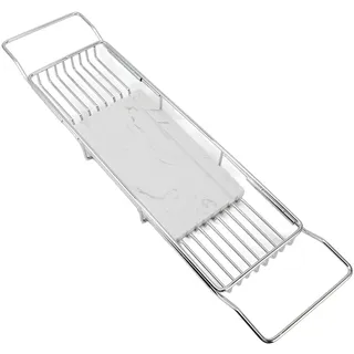 HEEPDD Erweiterbare Badewannenablage aus Edelstahl und Marmor, Platzsparend, ideales Einweihungsgeschenk, Farbe: Silber Weiss