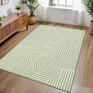 Garvee Teppich Wohnzimmer 160x230 cm Grün, Waschbar & Faltbar Kaschmir-Optik, Modernes Rhythm Design Salbeigrün, Rutschfester Großer Läufer für Schlafzimmer & Büro