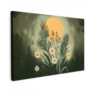 OnlyWow© Gartenbilder Außen 90x60 cm Leinwand Außenbereich Outdoor Wall Art Decoration Wand Terrasse Deko Wetterfest Poster Blumen - Blätter - Sonne - Grün