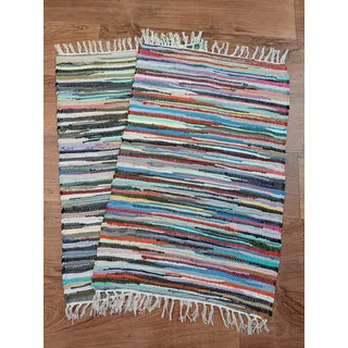 Kottig Fleckerl Niveau Handweb Fleckerlteppich Multi Flickenteppich 60x90 cm 2.000g/m2 (Fransen Weiss)