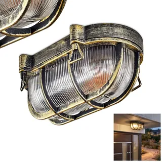 HOFSTEIN Außendeckenleuchte Godel, Außendeckenlampe aus Metall/Riffelglas in Schwarz/Gold/Klar, Deckenleuchte für draussen im Industrial/Vintage-Design für Eingangsbereich, Balkon, Terrasse, E27, IP44