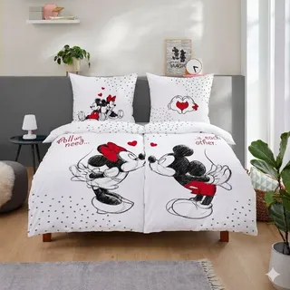 Familando Partnerbettwäsche Mickey & Minnie Mouse 4-teilig 135x200 80x80 cm aus 100% Baumwolle, Renforcé, 4 teilig, mit Liebesspruch über zwei Seiten weiß