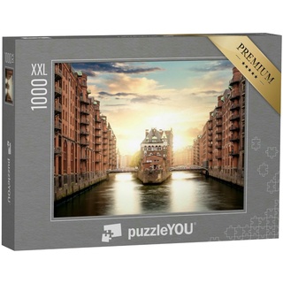puzzleYOU Puzzle Hamburg: Speicherstadt im Sonnenaufgang, 1000 Puzzleteile, puzzleYOU-Kollektionen Speicherstadt Hamburg