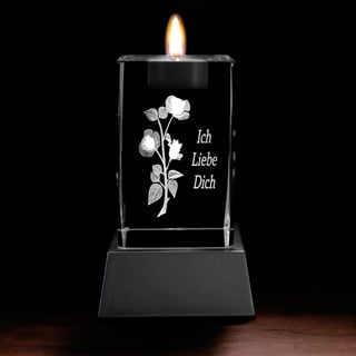 Kaltner Präsente Stimmungslicht LED Kerze/Kristall Glasblock / 3D-Laser-Gravur Teelicht Teelichthalter Rose - Ich Liebe Dich mit LED Beleuchtung