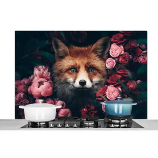 MuchoWow Küchenrückwand Fuchs - Blumen - Tiere, (1-tlg), Spritzschutz Herd Wand, Küchen Deko, 120x80 cm bunt 120 cm x 80 cm
