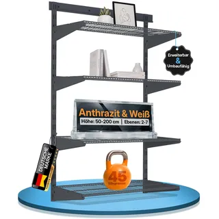 BOOMET Wandregal Metall Anthrazit mit Drahtboden · 28 Varianten · 200x60x30cm (HxBxT) 6 Böden · Flexibles Wandschienen Regalsystem für Ankleide, Vorratsraum, Büro, Garage, Keller & Werkstatt