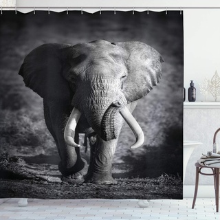ABAKUHAUS Grau Duschvorhang, Exotische Wildlife Elefant, Stoffliches Gewebe Badezimmerdekorationsset mit Haken, 175 x 180 cm, Grau