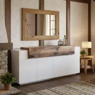 Dmora - Kommode Loris, Küchen-Sideboard mit 4 Türen, Wohnzimmer-Buffet, 100 % Made in Italy, 200 x 45 x 86 cm, glänzendes Weiß und Ahorn,