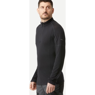 Merino Shirt Herren langarm 1/2 Reissverschluss Trekking - MT500, schwarz, M