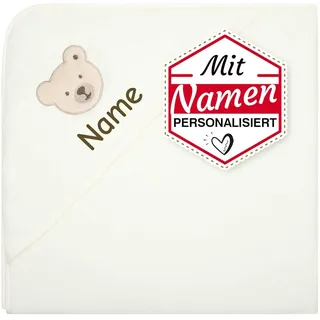 LALALO Steiff Badetuch mit Kapuze, Kapuzenhandtuch Bestickt mit Name für Baby & Kinder, Frottee Badehandtuch/Babybadetuch 100x100 cm (Weiß/Beige)