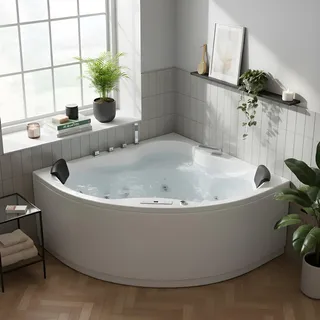 Indoor Whirlpool Eckbadewanne 149x149 cm, 21 Massagedüsen Heizung LED, Einbau, 2 Personen, tief, Acryl, Caribia VANATY Deluxe, Made in Germany