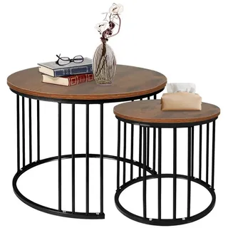 JEOBEST Couchtisch 2 Stücke Beistelltisch Set Rund, Living Room Table, Kaffeetisch, (2-St, Holz & Metall) Industrial Wohnzimmertisch braun