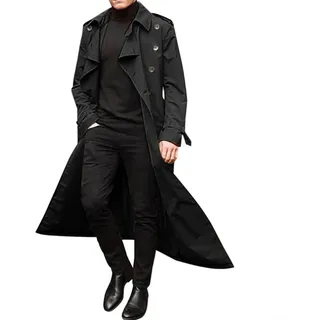 Bordfly Herren Vintage Trenchcoat Lang Warm Gefüttert Business Casual Mantel Jacke Outdoor Windbreaker Überwurf Elegant für Freizeit Winter Oberbekleidung(L Black)