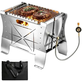 Bellanny Grill Gas - 26.5×21×38cm Mobiler Gasgrill Klein, Tragbarer Edelstahl Campinggrill | Gas & Holzkohlebetrieb - Faltbarer Campingkocher Propangas-Grills mini für Camping, Balkon, Garten, Outdoor