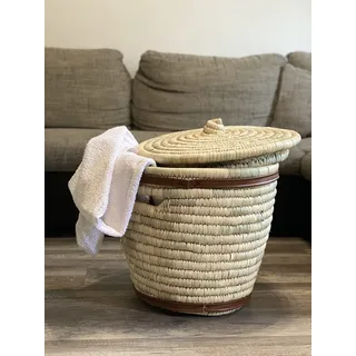 Maison Zoe Großer Palmkorb mit Deckel - Lederband am Rand Seegras - 100% Handmade - ökologisch und nachhaltig - Wäschekorb - Flechtkorb - Stroh
