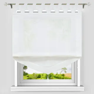 Heichkell Dreieckiges Raffrollo mit V-Schlaufen Halbtransparente Raffgardine Längstreifen und Quaste Moderner Gardinenstore Dreiecke Borte Schlaufenrollo Weiß B/H 120/140cm