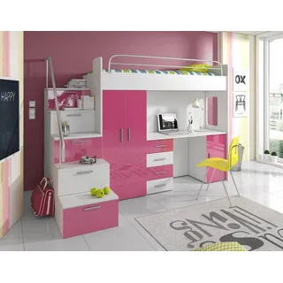 Compleo Jugendbett Etagenbett mit Schreibtisch und Treppe, Schrank und Schreibtisch MOES, für Jungen und Mädchen, Hochbett rosa