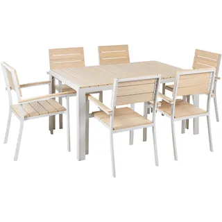 Beliani Gartenmöbel Set Beige Weiß Kunstholz 7-Teilig 6-Sitzer Tisch 150 x 90 cm und 6 Stühle Modern für Terrasse Outdoor Ausstattung