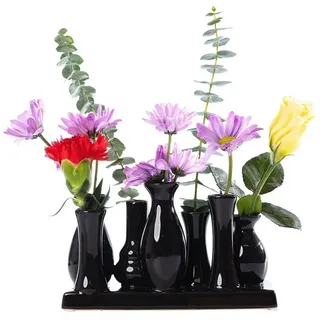 Jinfa Dekovase Handgefertigte kleine Keramik Deko Blumenvasen (7 Vasen Set schwarz), verbunden auf auf einem Tablett schwarz 18 cm x 11 cm x 7 cm