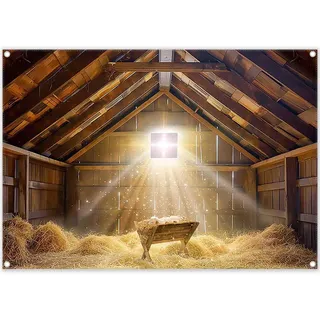 YCUCUEI 2,1 x 1,5 m Stoff Weihnachtskrippe Hintergrund Geburt Jesu Krippe Heilige Familie Fotografie Hintergrund Scheune stabil christliche Party Dekor Foto Requisiten